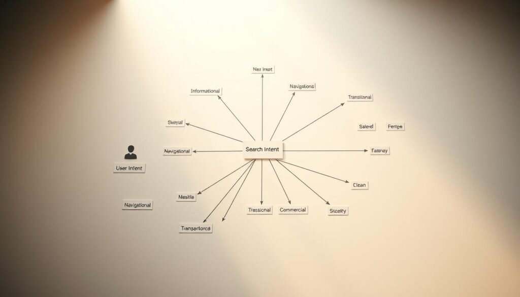A birds-eye view of a search intent mapping diagram, illuminated by soft, directional lighting from the side. The foreground features various user intent icons and labels, including "Informational", "Navigational", "Transactional", and "Commercial". The middle ground showcases a network of interconnected arrows and lines, visualizing the relationships between different search intents. The background gently fades into a minimalist, clean design, emphasizing the clarity and structure of the mapping system. The overall atmosphere conveys a sense of analytical insight and strategic planning, ideal for illustrating the "Map search intent before you create pages" section of the article.
