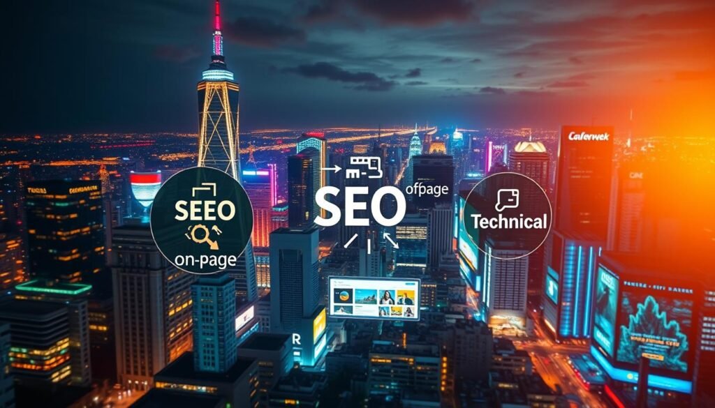A bustling cityscape with three distinct zones: the foreground showcases the core types of SEO - on-page, off-page, and technical, each represented by vibrant symbols and icons; the middle ground features a dynamic web layout with search engine optimization elements; the background depicts a night sky with a glowing, futuristic cityscape, conveying the importance of optimizing for visibility in the digital landscape. The scene is illuminated by warm, cinematic lighting, captured with a wide-angle lens to emphasize the depth and interconnectedness of the various SEO components.