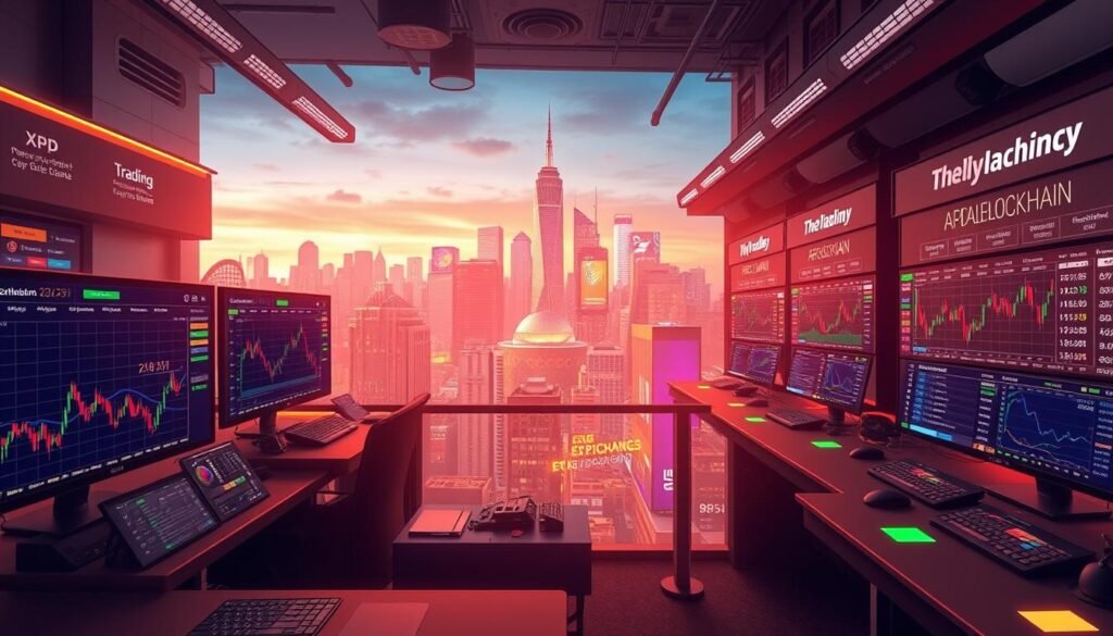 XRP Trading 101: Everything You Need to Know 1 A bustling cryptocurrency exchange, with sleek user interfaces and intuitive trading tools. The foreground showcases a TheDailyBlockchain-branded trading platform, complete with real-time price charts, order books, and buy/sell buttons. The middle ground features a diverse array of digital assets, including XRP, represented by colorful icons. In the background, a cityscape with skyscrapers and neon lights creates an atmosphere of financial dynamism and technological innovation. The scene is illuminated by warm, futuristic lighting, conveying a sense of excitement and opportunity in the world of cryptocurrency trading.