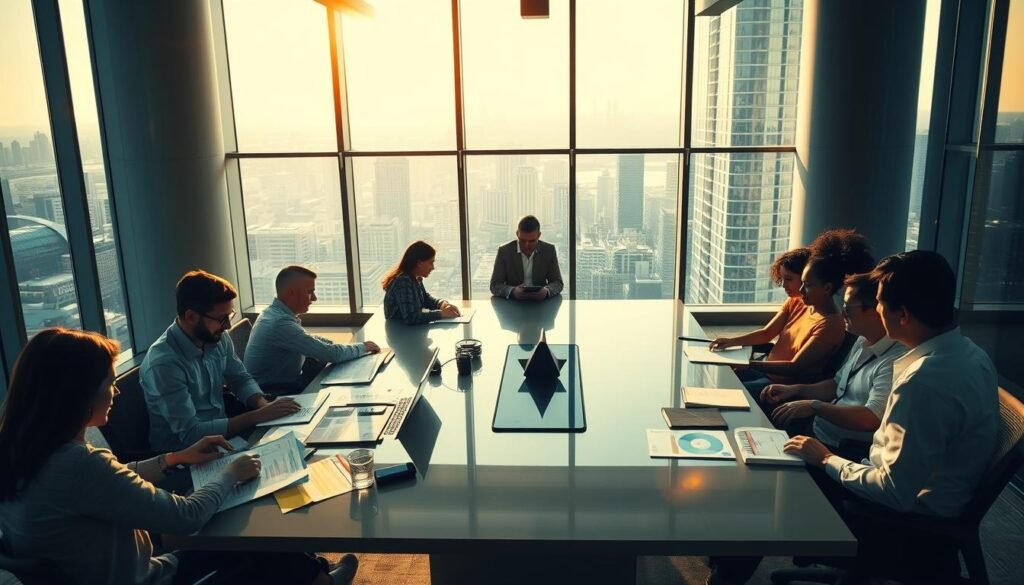A bustling office scene, lit by warm natural light streaming through large windows. In the foreground, a team of data analysts pore over spreadsheets and dashboards, engaged in lively discussion. The middle ground features a sleek, modern conference table where executives review visualizations and insights. In the background, the cityscape is visible through panoramic windows, hinting at the real-world impact of the analytics work being done. The atmosphere is one of focused collaboration, with a sense of purpose and innovation permeating the space.