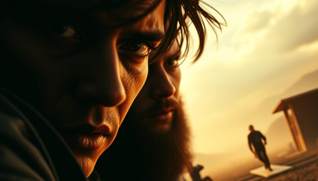 A cinematic, editorial-style image showcasing a powerful visual narrative. In the foreground, a captivating close-up of a person's face, their expression conveying deep emotion and introspection. The middle ground features a dynamic, cinematic composition, with carefully placed elements that draw the viewer's eye through the frame - perhaps a subject in motion, an intriguing object, or a striking architectural detail. The background provides a sense of place, with a moody, atmospheric landscape or urban setting that enhances the overall mood and storytelling. Warm, rich lighting casts dramatic shadows, creating a sense of depth and drama. The image evokes a sense of mystery, inviting the viewer to imagine the larger narrative unfolding.