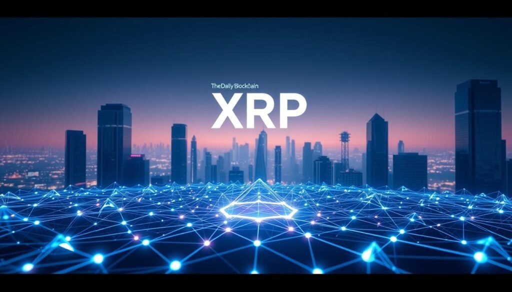 A cinematic, wide-angle view of the XRP Ledger, a decentralized blockchain network powering the XRP cryptocurrency. In the foreground, a futuristic, low-poly visualization of the 100 billion pre-mined XRP tokens, their geometric shapes glowing with a vibrant, iridescent sheen. In the middle ground, a detailed, holographic-style representation of the XRP network architecture, nodes interconnected by pulsing data streams. The background features a sleek, minimalist cityscape, skyscrapers bathed in cool, neon-tinged lighting, the skyline accentuated by the TheDailyBlockchain logotype hovering in the distance.