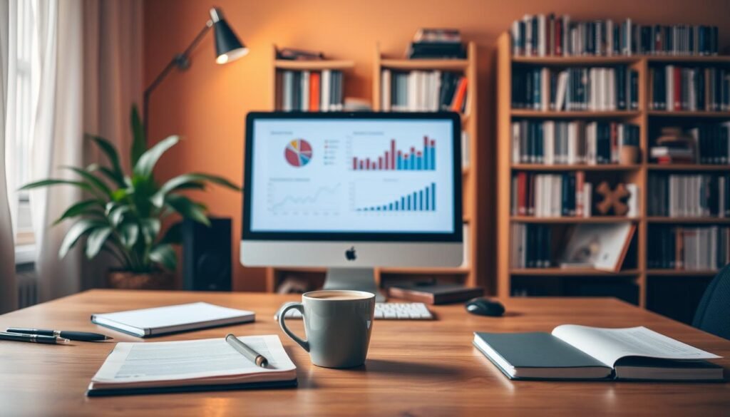 A cozy office workspace set against a warm, inviting backdrop. In the foreground, a desktop computer, notebook, and a cup of coffee suggest the tools of the data analytics trade. The middle ground features a simple yet elegant data visualization, conveying insights through intuitive charts and graphs. The background showcases a bookshelf filled with reference materials, subtly hinting at the depth of knowledge required for mastering this discipline. Soft, directional lighting casts a gentle glow, creating a contemplative atmosphere perfect for a beginner's exploration of data analytics.