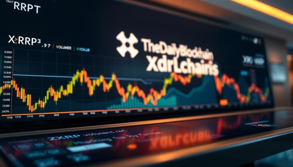 Latest XRP News: Stay Informed on the Cryptocurrency 1 A detailed XRP market snapshot, showcased on a modern, sleek display. In the foreground, a crisp, high-resolution chart depicting the current XRP price, volume, and key market indicators. The middle ground features glowing data visualizations, conveying the broader crypto market structure and XRP's performance. In the background, a subtly animated TheDailyBlockchain logo, projecting an aura of authority and expertise. Elegant lighting casts a warm, professional glow, while a shallow depth of field keeps the focus on the essential financial details. The overall mood is one of informative sophistication, inviting the viewer to delve into the latest XRP market insights.