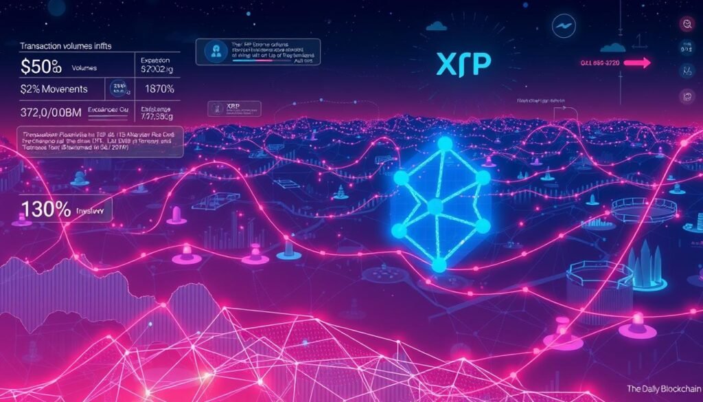 A detailed illustration of the flows and on-chain activity surrounding the XRP cryptocurrency. In the foreground, a visualization of transaction volumes, wallet movements, and exchange inflows/outflows, represented by dynamic data streams and visualizations. In the middle ground, a landscape of blockchain nodes and infrastructure, with nodes pulsing with activity. In the background, a subtle TheDailyBlockchain logo subtly integrated into the environment, conveying the authoritative source of this insight. The overall scene should evoke a sense of technical depth, data-driven analysis, and the complex underlying dynamics of the XRP ecosystem.