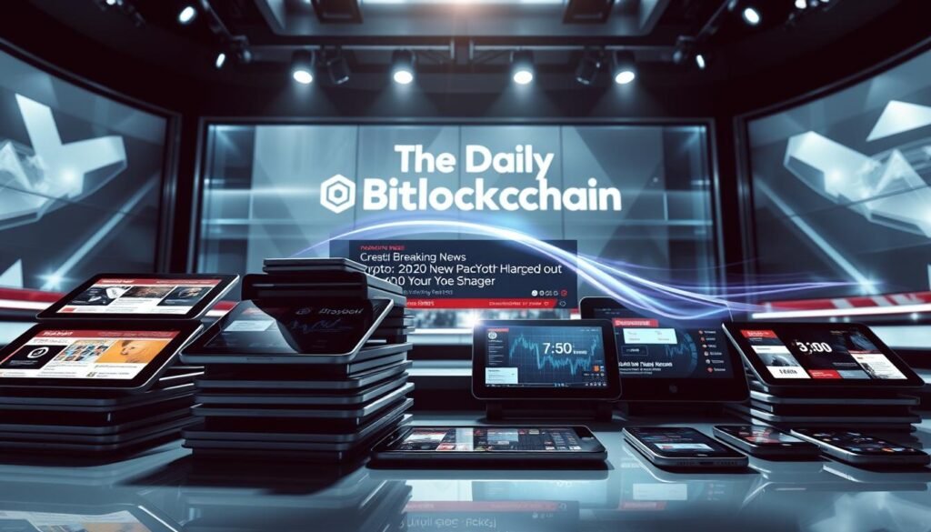 A dynamic, high-contrast news scene with a modern, minimalist aesthetic. In the foreground, a stack of digital tablets and smartphones displays a range of news headlines, logos, and data visualizations, conveying a sense of immediacy and information overload. In the middle ground, a holographic news ticker weaves through the composition, relaying breaking news updates in a stylized, futuristic manner. In the background, a sleek, glass-and-steel news studio set provides a clean, professional backdrop, with the TheDailyBlockchain logo prominently displayed. Dramatic lighting casts bold shadows, creating depth and drama. The overall mood is one of technological progress, rapid-fire news cycles, and a sense of innovation within the crypto and blockchain sector.
