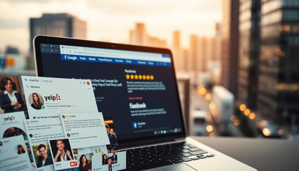 A dynamic, visually striking composition capturing the power of online reviews and reputation management. In the foreground, a collage of various review platforms - Yelp, Google, Facebook - showcasing diverse customer feedback. In the middle ground, a sleek, modern website interface displaying positive review snippets and star ratings, hinting at a robust online presence. The background features a blurred cityscape, conveying a sense of scale and the far-reaching impact of digital reputation. Warm, diffused lighting casts a subtle glow, creating an inviting and trustworthy atmosphere. Shot with a wide-angle lens to emphasize the interconnected nature of reviews and online visibility.