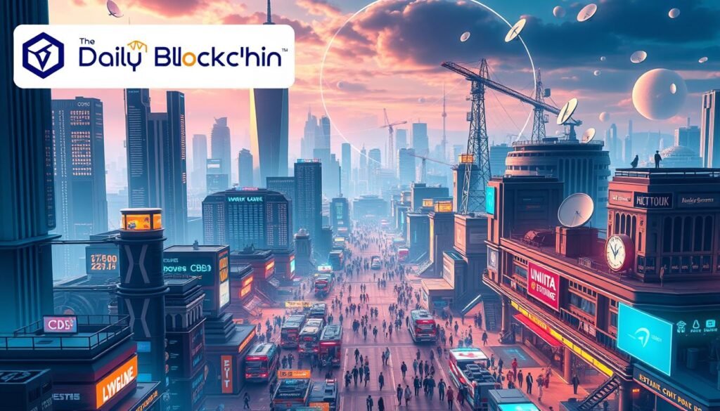 A futuristic cityscape, with towering skyscrapers and neon-lit streets. In the foreground, a bustling marketplace filled with various digital currency exchanges, digital wallets, and financial institutions, all vying for attention. The background features a network of interconnected blockchain platforms, data centers, and satellite dishes, symbolizing the global reach of cryptocurrency and digital finance. The image has a sleek, high-tech aesthetic, with a mix of warm and cool lighting, capturing the dynamic and competitive nature of the "Competitive Landscape: Stablecoins, CBDCs, and SWIFT gpi" market. TheDailyBlockchain logo is prominently displayed in the top left corner.