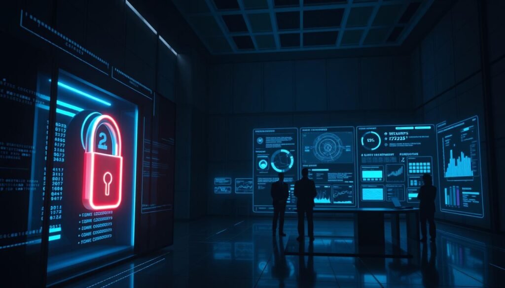 A futuristic, high-tech scene depicting the security aspects of blockchain technology. In the foreground, a secure, encrypted data hub glows with a cool, blue-hued light, symbolizing the immutable nature of blockchain records. In the middle ground, holographic interfaces and digital dashboards display real-time blockchain network metrics and analytics, monitored by silhouetted figures in a dimly lit control room. In the background, a sleek, minimalist architecture frames the scene, with a subtle grid-like pattern suggesting the distributed, decentralized structure of the blockchain. The overall mood is one of technological sophistication, data integrity, and cutting-edge security.
