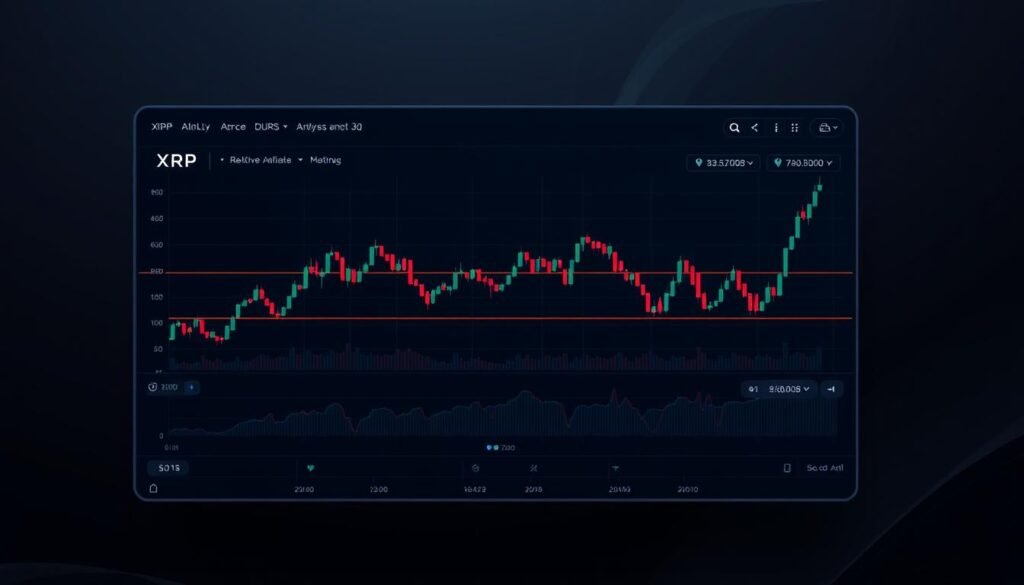 A high-resolution, detailed chart showing the price action of XRP, the native cryptocurrency of the Ripple network. The chart is displayed on a sleek, minimalist dashboard against a dark, moody background, creating a sense of technical analysis and financial data visualization. The chart features technical indicators such as moving averages, MACD, and Relative Strength Index, providing a comprehensive technical picture of the XRP market. The overall aesthetic is modern and professional, reflecting the style of TheDailyBlockchain financial analysis platform.
