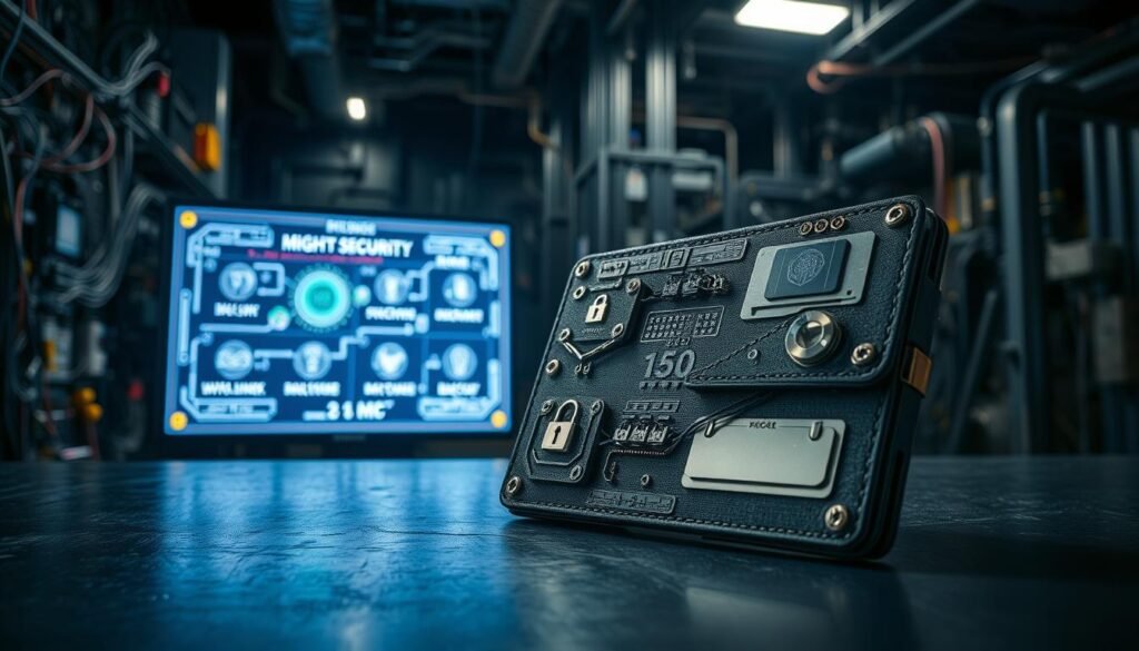 A high-security blockchain wallet showcased in a dimly lit, industrial setting. In the foreground, the wallet rests on a metal surface, its exterior adorned with intricate security features - biometric scanners, tamper-evident seals, and advanced authentication protocols. The middle ground features a digital display demonstrating the wallet's multi-layer encryption, backup mechanisms, and transaction monitoring capabilities. In the background, a complex network of circuit boards and data cables symbolizes the robust infrastructure supporting the wallet's advanced protections. Dramatic lighting casts dramatic shadows, conveying a sense of power and reliability.