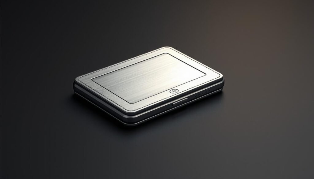 Safeguarding Your Cryptocurrency: Top Tips 2 A highly detailed, photorealistic illustration of a hot wallet for cryptocurrency storage. The wallet is a sleek, modern design made of sturdy, brushed metal, with a clear display screen and a simple, intuitive interface. The wallet is positioned on a minimalist, matte black surface, with a subtle, warm lighting setup that casts gentle shadows and highlights the metallic sheen. The scene conveys a sense of security, reliability, and user-friendly simplicity, aligning with the concept of "keeping crypto safe with hot wallets". The overall mood is one of professionalism, trust, and technological sophistication.