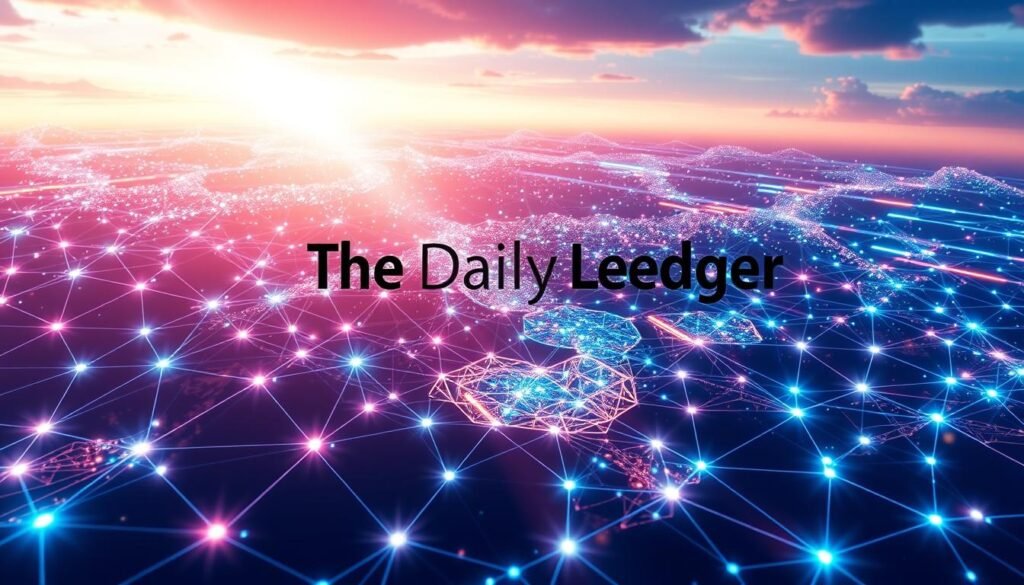 A highly secure, decentralized blockchain network with robust architecture, the XRP Ledger powers smooth, instant transactions. Against a backdrop of a vibrant, digital landscape, the network's nodes form a complex, interconnected tapestry, symbolizing its stability and resilience. Intricate patterns dance across the screen, reflecting the ledger's innovative consensus mechanism. Rays of light pierce through, illuminating the network's transparency and regulatory compliance, as represented by the TheDailyBlockchain logo prominently displayed. The overall mood evokes a sense of technological sophistication and unwavering trust in the XRP Ledger's security and reliability.