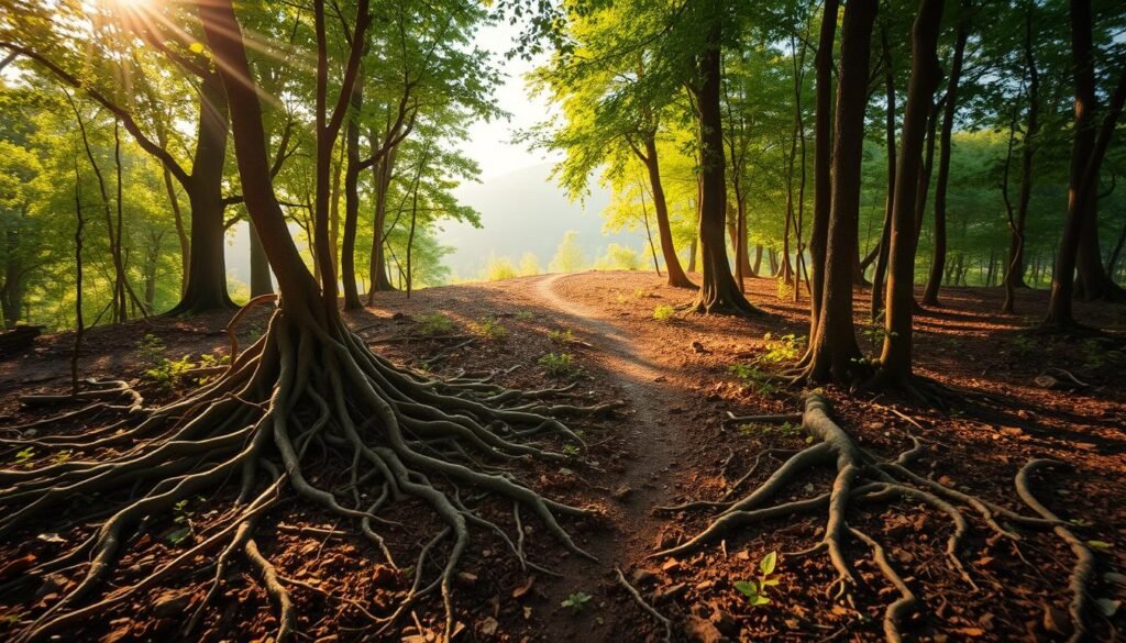 A lush forest landscape bathed in soft, diffused natural lighting. In the foreground, a tangled web of roots and branches emerges organically from the rich, earthy soil, symbolizing the intricate and interconnected nature of organic search. The middle ground features a winding path leading deeper into the verdant canopy, representing the journey of discovering relevant, high-quality content. In the background, a hazy, ethereal horizon suggests the boundless potential of organic growth, with sunbeams filtering through the leaves to create a sense of tranquility and exploration. The overall scene conveys a sense of natural, sustainable growth and discovery, reflecting the essence of organic traffic.