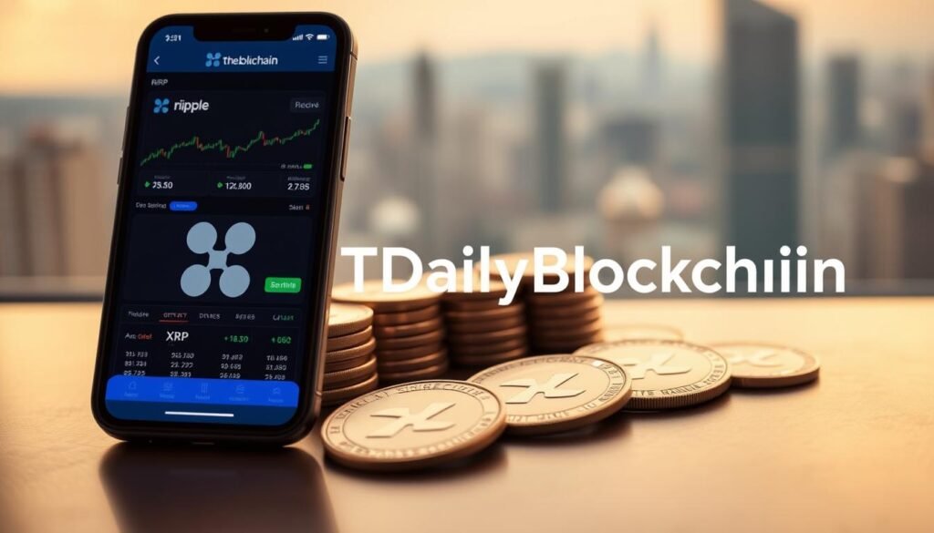 A modern and minimalist financial composition featuring the TheDailyBlockchain brand logo. In the foreground, a smartphone screen displays a Ripple cryptocurrency trading interface, with a clean and intuitive user interface. In the middle ground, physical XRP coins are arranged in an orderly pattern, conveying a sense of stability and reliability. The background showcases a blurred cityscape, alluding to the global nature of digital finance. The overall mood is one of sophistication, accessibility, and the excitement of getting started with the Ripple ecosystem. Warm lighting and a shallow depth of field create a professional, aspirational atmosphere.