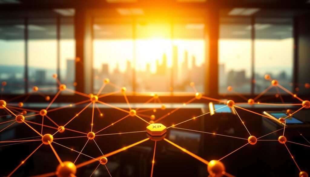 Uncover the Secrets of the XRP Market 1 A modern, dynamic network of digital payments in action. In the foreground, a stylized representation of the XRP cryptocurrency network, its nodes and pathways illuminated with a warm, futuristic glow. The midground features a collection of devices - smartphones, tablets, and payment terminals - facilitating seamless transactions. In the background, a city skyline blurs, hinting at the real-world application of this technology. Dramatic lighting casts long shadows, creating a sense of depth and emphasizing the power of this financial ecosystem. The scene is rendered with a sharp, high-resolution aesthetic, showcasing the efficiency and reliability of "TheDailyBlockchain" payment solutions.