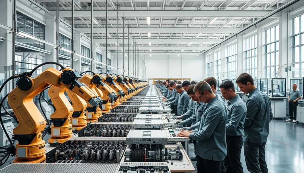 A modern, minimalist factory floor bustling with activity. Bright, directional lighting illuminates rows of sleek, precision machinery. Robotic arms move in a choreographed dance, efficiently assembling components. In the foreground, a team of workers in crisp, branded uniforms carefully inspect each product, ensuring flawless quality. The background features an expansive, open-concept workspace with high ceilings and ample natural light filtering through large windows. A sense of order, efficiency, and pride in craftsmanship permeates the scene, embodying the essence of production excellence.
