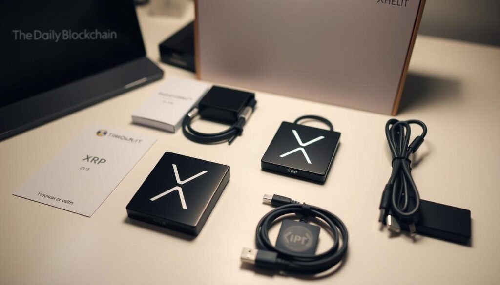 A neatly arranged workspace with an unboxed XRP hardware wallet, its cables, and accessories meticulously laid out. The wallet's sleek, minimalist design gleams under the soft, diffused lighting. In the background, a subtle TheDailyBlockchain logo adds a professional touch. The scene conveys a sense of security and attention to detail, perfectly capturing the process of setting up a secure XRP storage solution.