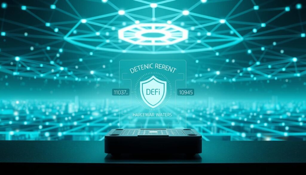 A serene digital oasis where security and decentralization converge. In the foreground, a secure hardware wallet stands as a symbolic guardian, its sleek design exuding an aura of confidence. The middle ground features a holographic display, showcasing real-time transaction data and security protocols, offering a glimpse into the heart of DeFi's protective measures. In the background, a sprawling network of interconnected nodes and blockchain pathways weaves a tapestry of trust, creating an environment of resilience and transparency. Soft, ambient lighting infuses the scene with a sense of tranquility, while a subtle blue-green color palette conveys the essence of DeFi's secure and decentralized ecosystem.
