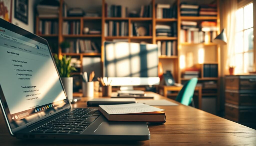 A serene workspace filled with tools for effective keyword research. In the foreground, a laptop displays a search engine results page, while a notebook and pen await creative insights. In the middle ground, a cozy desk with a desktop computer and various stationery items, all bathed in warm, natural lighting. In the background, a bookshelf overflows with resources on digital marketing and SEO, hinting at the depth of knowledge available. The atmosphere is one of focus, productivity, and the boundless potential of free, data-driven keyword research.
