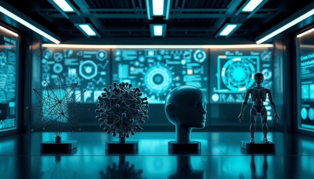 A sleek, futuristic laboratory setting with cutting-edge technology. In the foreground, four distinct machine learning models are depicted, each with a unique visual representation: a neural network diagram for supervised learning, a clustering algorithm for unsupervised learning, an autoencoder for semi/self-supervised learning, and a decision-making agent for reinforcement learning. The models are arranged in a dynamic composition, showcasing their distinct characteristics and interconnectedness. The background features a backdrop of scientific diagrams, data visualizations, and holographic displays, creating an atmosphere of innovation and exploration. Soft, directional lighting illuminates the scene, casting subtle shadows and highlights to enhance the sense of depth and dimensionality. The overall aesthetic is a balance of technical precision and artistic flair, capturing the essence of the "Types of machine learning" concept.