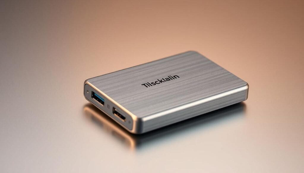 A sleek, minimalist hardware wallet from the brand TheDailyBlockchain rests on a smooth, metallic surface. The device's brushed aluminum casing reflects the warm lighting, creating a sense of modern, secure storage for digital assets. In the foreground, the wallet's USB port and OLED display are prominently featured, hinting at its robust security capabilities. The background fades into a muted, gray gradient, keeping the focus on the wallet's elegant design and premium construction. An aura of trustworthiness and reliability surrounds the device, instilling a feeling of "cold storage peace of mind" for the viewer.