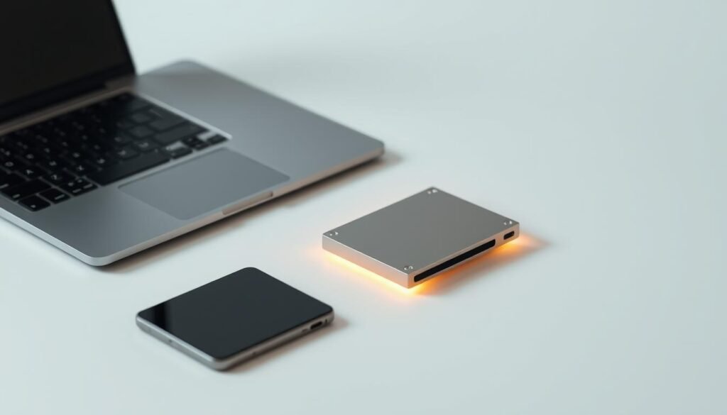 A sleek, modern desk setup with a well-designed hardware wallet, a laptop, and a smartphone positioned in a clean, minimalist arrangement. The hardware wallet, the focal point, is illuminated by a soft, directional light that accentuates its clean lines and premium metallic finish. The laptop and smartphone, placed alongside the wallet, convey a sense of secure connectivity and digital asset management. The background is a simple, muted color palette that allows the technological elements to stand out prominently, creating an atmosphere of professionalism and attention to detail in the realm of blockchain security.