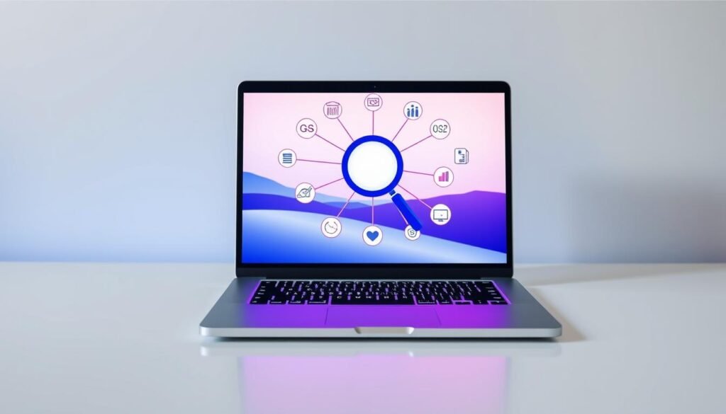 A sleek, modern laptop rests on a clean, minimalist desk, its screen illuminated with a vibrant visual representation of search engine optimization concepts. In the foreground, a stylized magnifying glass icon symbolizes the importance of thorough technical SEO. The middle ground features a network of interconnected icons, representing the various technical elements that contribute to improved online visibility, such as site structure, metadata, and page speed. The background showcases a serene, gradient-based landscape, conveying a sense of balance and focus. The overall mood is one of professionalism, clarity, and a deep understanding of the fundamentals of technical SEO.