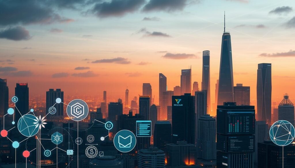 A sleek, modern metropolis with a dynamic urban skyline. In the foreground, various DeFi platforms are represented by abstract geometric shapes and symbols, each with a distinct color scheme and design language. The middle ground showcases financial data visualizations, charts, and interactive holographic interfaces. The background is bathed in a warm, futuristic glow, with towering skyscrapers and a network of glowing data streams crisscrossing the sky. The overall atmosphere is one of innovation, complexity, and the seamless integration of decentralized finance into the fabric of the city. Lit by a combination of soft, diffused lighting and strategic highlights, the scene conveys a sense of technological prowess and financial security.