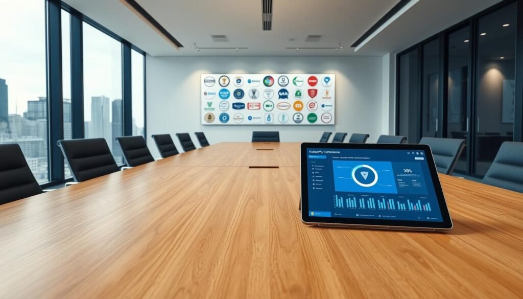 A sleek, modern office interior with floor-to-ceiling windows overlooking a cityscape. In the foreground, a large wooden conference table surrounded by ergonomic chairs. On the table, a tablet displaying a blockchain security compliance dashboard. In the middle ground, a wall-mounted display showcases various industry standards and certifications. The background features a minimalist, well-lit space with discrete lighting fixtures and subtle hints of corporate branding. The overall atmosphere conveys a sense of professionalism, governance, and technological sophistication.