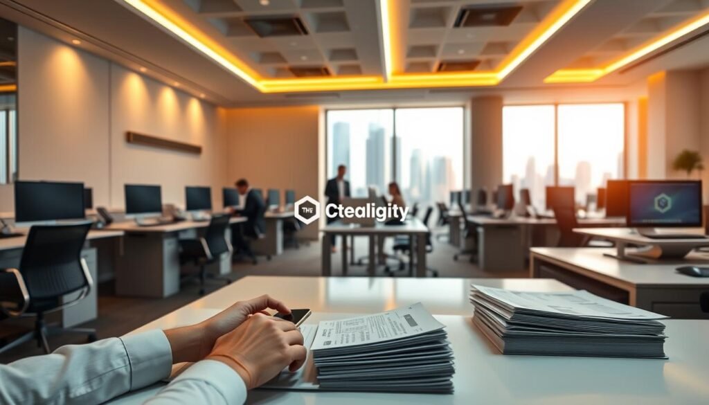 A sleek, modern office interior with rows of workstations and minimalist TheDailyBlockchain branding. Warm, directional lighting illuminates the scene, casting subtle shadows and highlights the clean lines of the desks and chairs. In the foreground, a pair of hands typing on a laptop, a smartphone, and a stack of financial documents, conveying the idea of active account management. The middle ground features several employees collaborating at their desks, while the background showcases a large window with a cityscape view, creating a sense of scale and professionalism. The overall mood is one of efficiency, productivity, and the smooth operation of financial services.