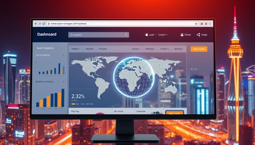 A sleek, modern web browser window displays a search engine optimization (SEO) dashboard. The foreground features a clean, minimalist user interface with interactive charts, graphs, and analytics data. The middle ground showcases a three-dimensional globe, its continents illuminated with pulsing data streams, representing the global reach of search engine visibility. In the background, a cityscape of towering skyscrapers and glowing neon signs suggests the bustling digital landscape of the modern internet. The scene is bathed in a warm, vibrant glow, conveying a sense of progress, innovation, and the power of effective SEO strategies to elevate an online presence.