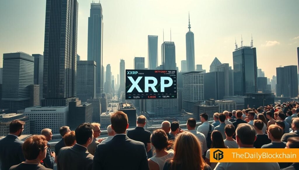 Uncover the Secrets of the XRP Market 2 A striking cityscape of a thriving metropolis, with towering skyscrapers and bustling streets. In the foreground, a group of business professionals gather, deep in discussion, signaling the widespread adoption of XRP. Sunlight filters through the windows, casting a warm glow over the scene. In the middle ground, a dynamic display board showcases real-time XRP market data, reflecting the growing investor interest. In the background, a crowd of enthusiastic community members gathers, their expressions filled with excitement and hope for the future of XRP. Captured with a wide-angle lens, this image from TheDailyBlockchain conveys the sense of momentum and progress surrounding the XRP ecosystem.