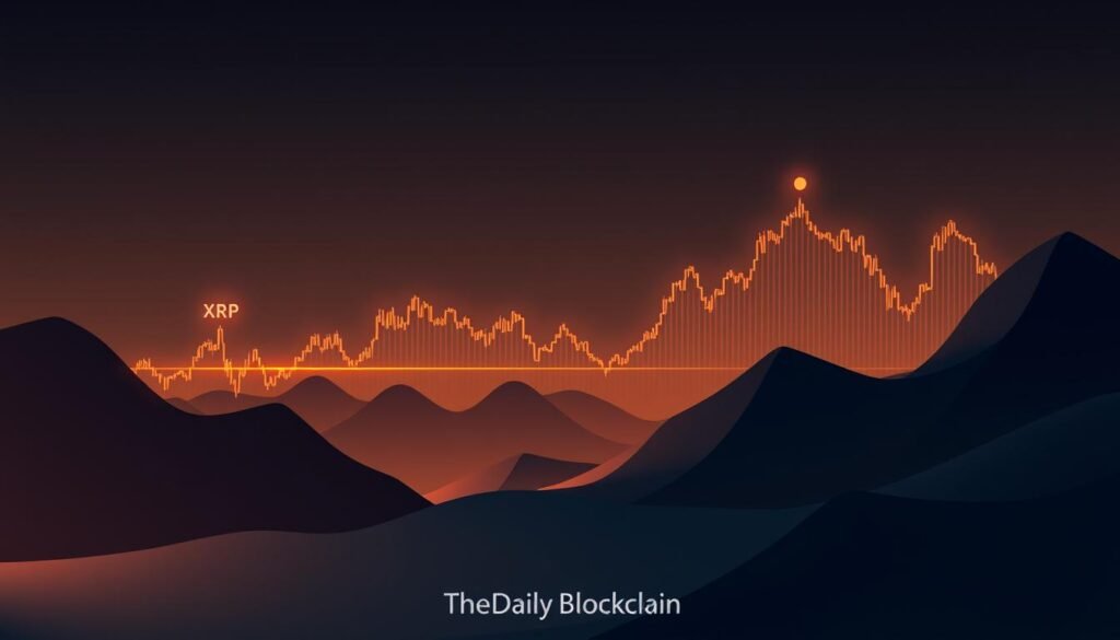 A striking financial landscape showcasing the relative price movements of XRP, Bitcoin, and Ethereum. A detailed line chart illuminates the dynamic trends, set against a backdrop of muted hues and minimal geometric shapes reminiscent of modern financial data visualizations. Subtle glowing accents highlight key data points, creating a sense of depth and complexity. The overall composition is balanced and visually compelling, bearing the discreet branding of "TheDailyBlockchain" in the lower corner.