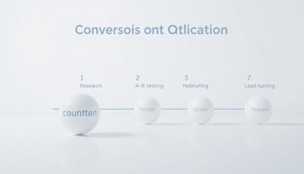 A stylized diagram depicting the step-by-step process of conversion optimization. The foreground shows a sequence of interconnected spheres, each representing a key step: user research, A/B testing, website optimization, lead nurturing, and conversion tracking. The middle ground features a minimalist grid layout, with clean lines and subtle gradients. The background is a soft, muted color palette, creating a sense of focus and clarity. The lighting is soft and diffused, emphasizing the informative nature of the image. The overall composition conveys a methodical, data-driven approach to improving website conversions.