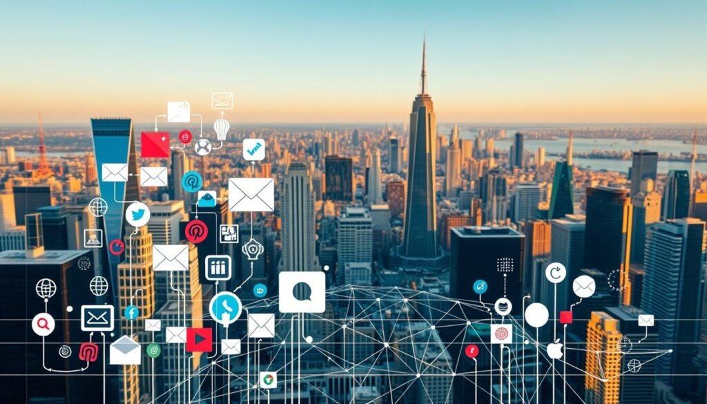 A vibrant array of digital marketing channels against a backdrop of a sleek, modern cityscape. In the foreground, various icons and symbols representing different online platforms - social media, email, search engines, websites, and more - arranged in a dynamic, interlocking pattern. The middle ground features a geometric grid of lines and shapes, symbolizing the interconnectedness and flow of data across these channels. In the background, a panoramic view of a bustling metropolis, its skyscrapers and infrastructure bathed in a warm, golden light, conveying a sense of progress and innovation. The overall composition exudes a sense of energy, efficiency, and the limitless potential of digital marketing.