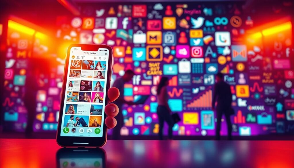 A vibrant digital landscape, a visually striking social media marketing scene. In the foreground, a sleek smartphone showcases a feed of engaging content, icons, and interactive elements. The middle ground features a team of creatives collaborating, crafting captivating visuals and strategizing campaign tactics. In the background, a mosaic of social media platforms and analytical data visualizations provide insights and metrics. Warm, saturated lighting casts a dynamic glow, emphasizing the energy and dynamism of this digital marketing ecosystem. Captured through a wide-angle lens, the image conveys the interconnected, multifaceted nature of effective social media marketing and influencer/affiliate strategies.