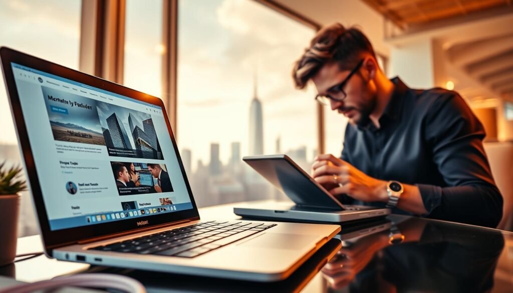 A vibrant, dynamic scene showcasing the contrast between no-code website builders and custom web development. In the foreground, a sleek, modern laptop displays a no-code interface, its clean and intuitive design inviting effortless customization. In the middle ground, a skilled developer codes meticulously, their fingers flying across the keyboard, creating a bespoke, highly-tailored website. The background features a towering city skyline, symbolizing the vast potential of the online world. Warm, golden lighting casts a professional, polished atmosphere, while a shallow depth of field draws the viewer's attention to the two distinct approaches to web presence. This image aims to capture the essence of the no-code versus custom development debate, highlighting the advantages and tradeoffs of each approach.