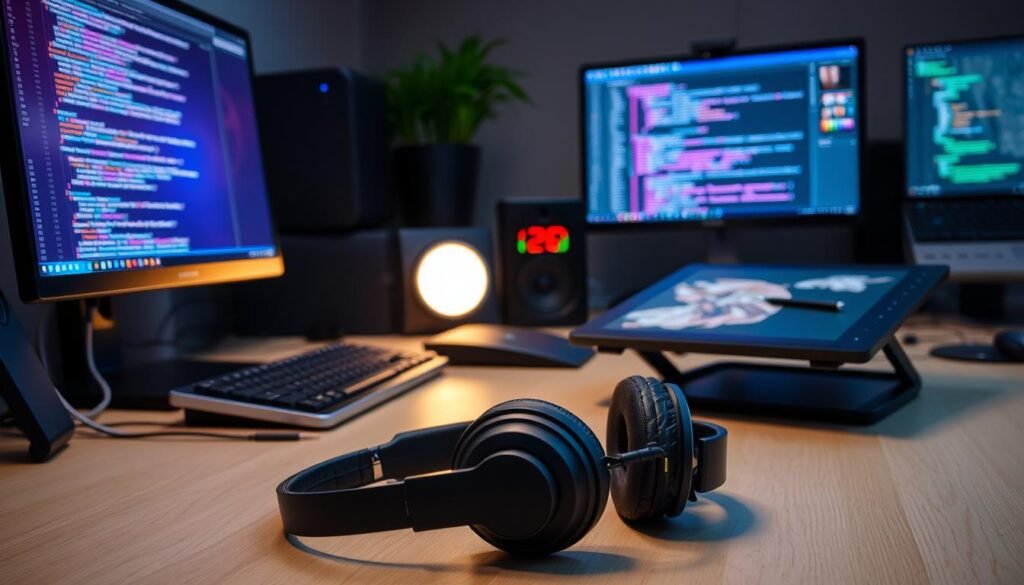 An ergonomic workspace filled with essential tools for the modern developer-editor: a sleek desktop computer, a high-resolution monitor displaying vibrant code, a mechanical keyboard with precise tactile feedback, and a state-of-the-art graphics tablet for seamless digital sketching. Soft, diffused lighting illuminates the scene, creating a focused, productive atmosphere. In the foreground, a pair of thoughtfully designed, comfortable headphones await, ready to immerse the user in a world of concentration and creativity. The overall arrangement conveys a harmonious blend of technology and ergonomic design, empowering the developer-editor to unlock their full creative potential.
