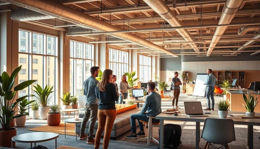 Innovative Solutions to Transform Your Company 1 An innovative, modern workplace environment with an open, collaborative layout. A large, sun-lit office space with sleek, minimalist furniture and decor. A mix of casual seating areas and standing desks, complemented by vibrant potted plants and natural textures. The room is bathed in warm, diffused lighting from large windows, creating a calm, productive atmosphere. Employees engage in animated discussions, sharing ideas on whiteboards and laptops. The overall scene conveys a sense of creativity, flexibility, and a forward-thinking company culture.