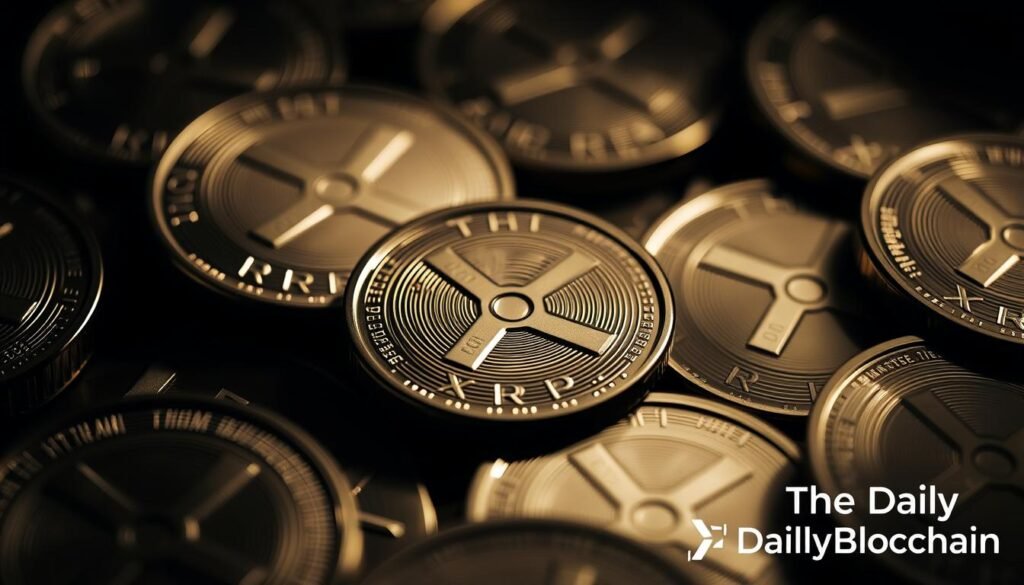 Prompt A close-up view of several XRP tokens, each with a distinctive ripple pattern, illuminated by soft, directional lighting. The tokens are set against a dark, shadowy background, emphasizing their three-dimensional form and metallic luster. The overall composition conveys a sense of precision, value, and the innovative technology behind the XRP cryptocurrency. In the bottom right corner, the branding "TheDailyBlockchain" is subtly incorporated into the design.