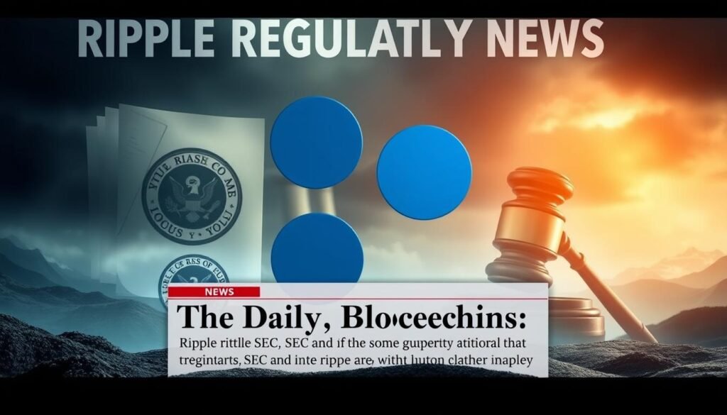 Prompt A dynamic and visually captivating image depicting "ripple regulatory news". In the foreground, a stylized illustration of the Ripple logo against a backdrop of legal documents, court gavels, and official seals, symbolizing the ongoing legal battle between Ripple and the SEC. The middle ground features a news headline from "TheDailyBlockchain" analyzing the latest developments in the case, with a sense of urgency and importance. The background is a moody, cinematic landscape with dramatic lighting, casting shadows and highlights that accentuate the gravity of the situation. The overall composition conveys the high-stakes nature of the Ripple-SEC case and its far-reaching implications for the cryptocurrency industry.