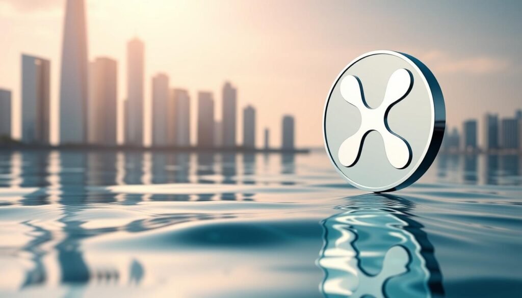 Prompt A striking close-up shot of the Ripple (XRP) logo, its distinct wave-like design casting a mesmerizing reflection in crystal clear waters. The image conveys a sense of fluidity and momentum, symbolizing the growing adoption and real-world utility of XRP powered by Ripple's technology. The background is a sleek, minimalist cityscape, hinting at the integration of Ripple's blockchain solutions into the global financial infrastructure. Soft, warm lighting illuminates the scene, creating an atmosphere of progress and innovation. TheDailyBlockchain.