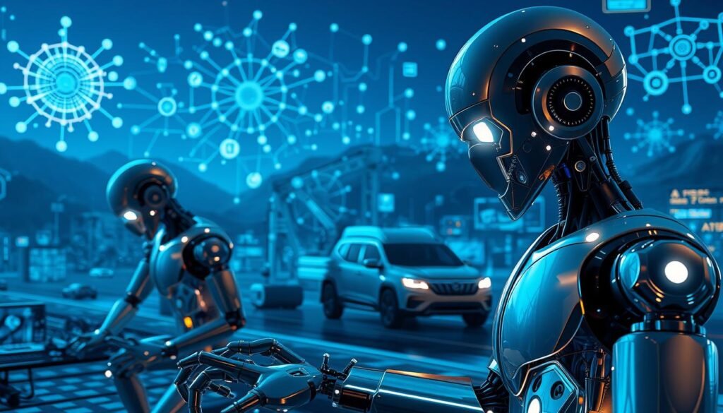 Types of Artificial Intelligence: a digital landscape showcasing the diverse forms of AI. In the foreground, sleek humanoid robots engage in intricate tasks, their metallic bodies and glowing eyes signifying advanced machine learning. In the middle ground, neural networks and deep learning algorithms visualized as interconnected nodes and flowing data streams. In the background, autonomous vehicles, intelligent chatbots, and robotic process automation systems illustrate the breadth of AI applications. The scene is bathed in a cool, futuristic glow, highlighting the power and potential of these emerging technologies. Captured through a wide-angle lens, the image conveys a sense of scale and complexity inherent in the types of artificial intelligence shaping our world.