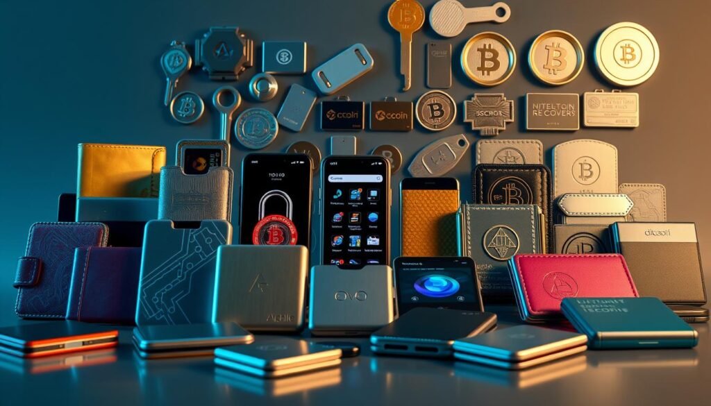 Safeguarding Your Cryptocurrency: Top Tips 1 Wallet types: a visually arresting scene showcasing a diverse collection of modern crypto wallets. In the foreground, an array of sleek, minimalist hardware wallets in various shapes and colors, their metallic surfaces gleaming under crisp, directional lighting. In the middle ground, a selection of compact, user-friendly software wallets presented on a series of mobile devices, their digital interfaces shimmering with a subtle glow. In the background, a dynamic display of hardware security keys and recovery cards, their protective casings and embossed details captured in crisp detail. The overall composition conveys a sense of security, innovation, and the many options available for safely storing and managing digital assets.