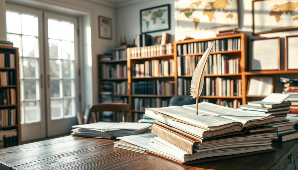 Expert Insights: Achieve Your Goals with Confidence 1 A bright, sun-drenched study filled with the trappings of intellectual expertise. In the foreground, a wooden desk holds stacks of papers, a well-worn leather-bound notebook, and a quill pen poised over an open page. Behind it, a floor-to-ceiling bookshelf filled with volumes on diverse subjects. Soft, natural light filters in through large windows, casting a warm glow over the scene. On the wall, a world map and framed certificates hint at the owner's global experience and credentials. The overall atmosphere exudes a sense of focus, authority, and the promise of actionable insights.