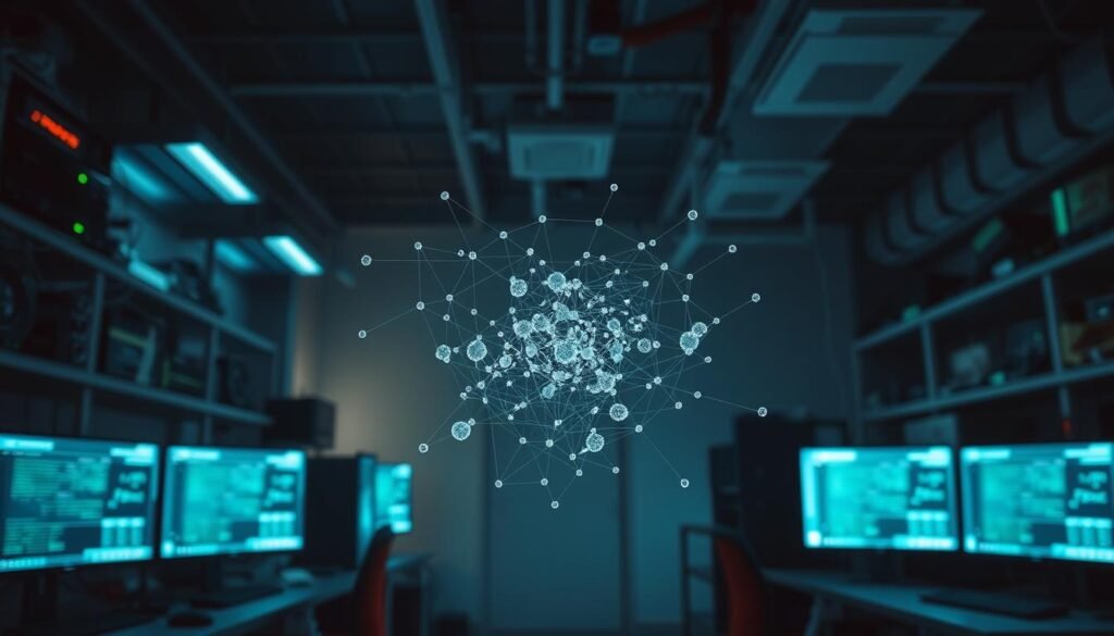 A dimly lit laboratory, filled with the hum of computers and the flickering glow of monitors. In the center, a complex network of nodes and connections, representing the intricate patterns of unsupervised learning. The foreground is dominated by a stylized data visualization, with clusters of points coalescing into organic shapes, revealing the hidden structures within the unlabeled data. The background is a soft, muted palette, suggesting the mystery and depth of the machine learning process. The scene is bathed in a warm, ambient lighting, creating a sense of contemplation and discovery. A sense of depth and dimension is achieved through the use of a wide-angle lens, capturing the expansive nature of the unsupervised learning landscape.