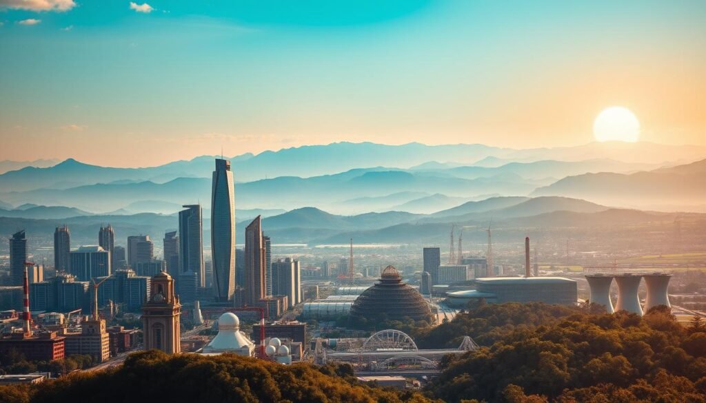 A dynamic cityscape with towering skyscrapers and bustling industries in the foreground, featuring a diverse range of modern architecture and infrastructure. In the middle ground, futuristic factories, warehouses, and research facilities showcase the cutting-edge technologies shaping various sectors, from renewable energy to advanced manufacturing. The background depicts a vast, awe-inspiring landscape with rolling hills, lush forests, and a clear, sun-dappled sky, creating a harmonious balance between nature and the innovations that power our world. Warm, vibrant lighting casts a sense of progress and optimism, while the composition emphasizes the interconnectedness of the industries we serve across the technology lifecycle.