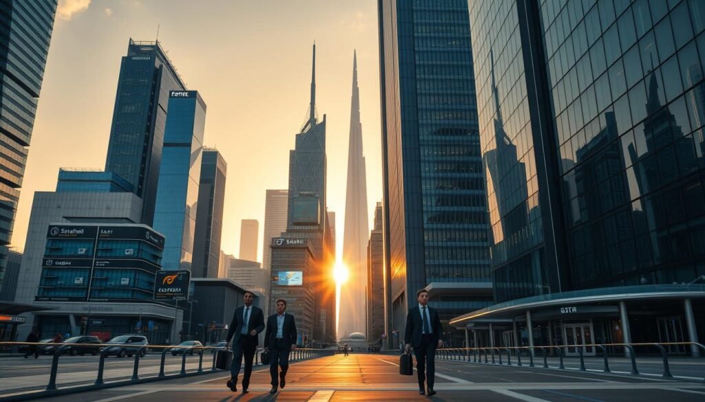 A futuristic cityscape with towering skyscrapers housing the headquarters of leading healthtech, fintech, and regulated industries software companies. The scene is bathed in a warm, golden glow from the setting sun, casting long shadows across the sleek, modern architecture. In the foreground, a group of professionals in business attire stride purposefully through the bustling streets, briefcases in hand, reflecting the dynamic and innovation-driven nature of these high-tech sectors. The middle ground features a mix of gleaming glass facades, cutting-edge signage, and discreet security checkpoints, hinting at the regulated and secure nature of the businesses within. The background is dominated by a towering spire, its pinnacle piercing the clouds, symbolizing the ambition and industry leadership of these sector-defining software providers.