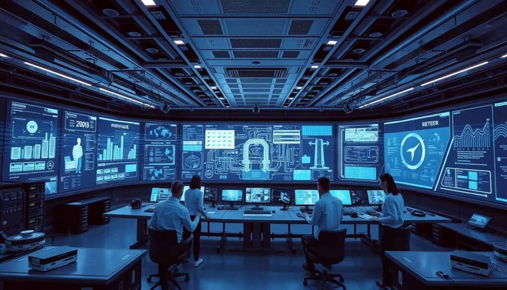 IT Infrastructure: Unlock Efficiency and Productivity 1 A futuristic control room with a vast array of holographic displays, monitoring and managing the complex web of IT infrastructure. Sleek, minimalist design with a focus on efficiency and ergonomics. Soft blue and white lighting cast an aura of calm professionalism, while subtle animations on the screens convey the dynamic nature of the systems under control. In the foreground, a team of technicians in crisp uniforms work in synchronized harmony, using intuitive gesture-based interfaces to oversee the seamless operation of servers, networks, and cloud resources. The scene exudes a sense of total command and control over the organization's IT landscape, reflecting the crucial role of infrastructure management in ensuring availability, performance, and scalability.
